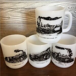 Vintage White Train-Illustrated Milk Glass Mugs - Set of 4